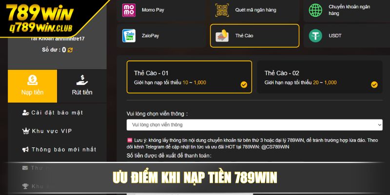 Ưu điểm khi nạp tiền 789WIN